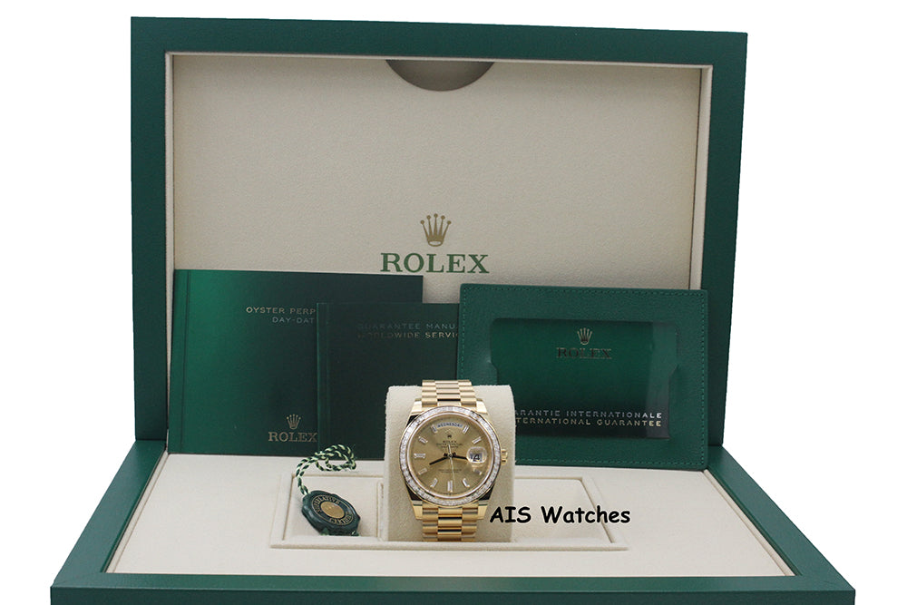 BNIB Rolex 228398TBR DayDate 40 18K YG Champagne Baguette Diamond Dial / Bezel