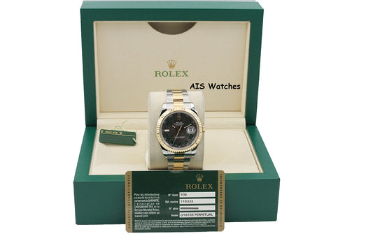 Rolex 116333 DateJust II 18K YG/SS Slate Roman Wimbledon Dial Oyster Box & Papers