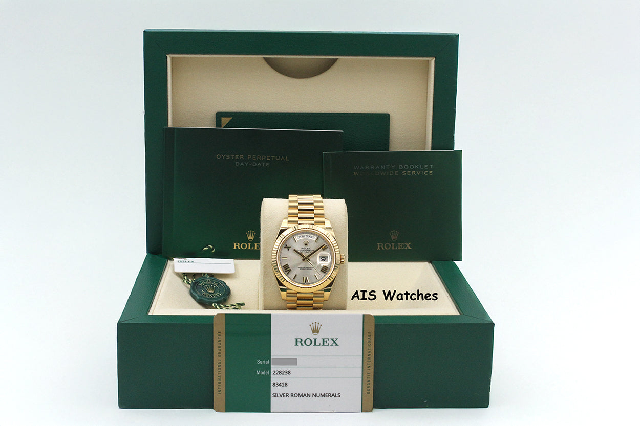 Rolex 228238 DayDate 40MM DD40 Yellow Gold Silver Roman Dial 2019 Box & Papers