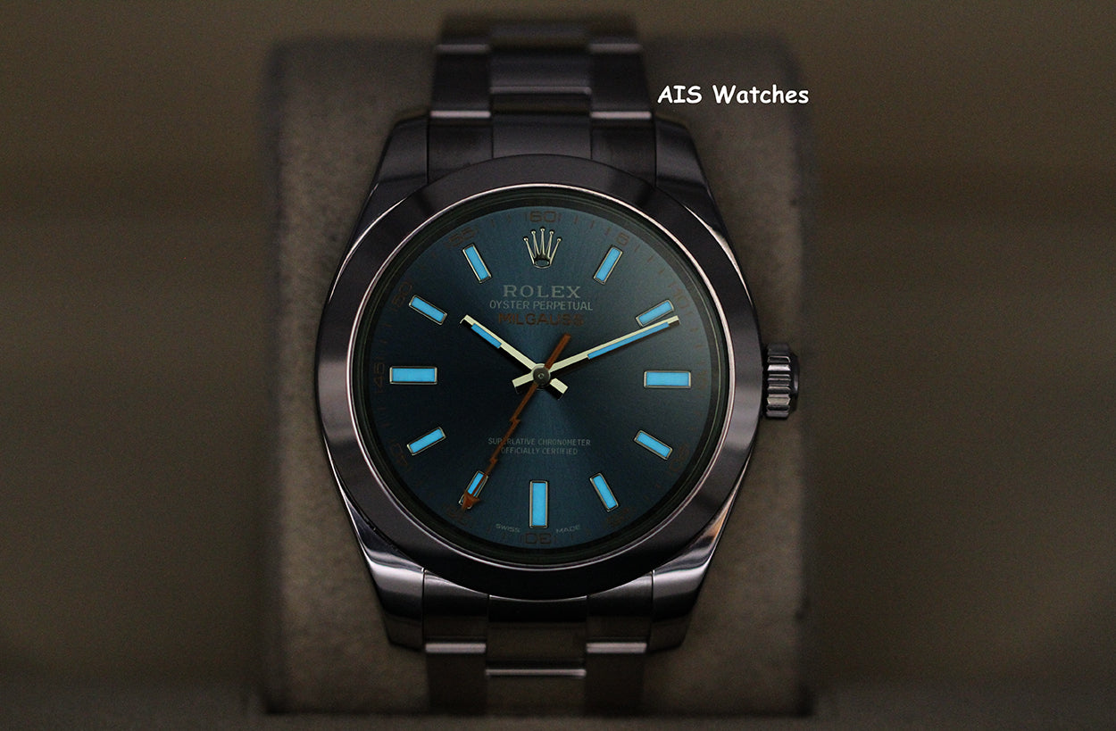 Rolex Milgauss Z-BLUE 116400GV Green Crystal Blue Dial 2017 Box & Papers