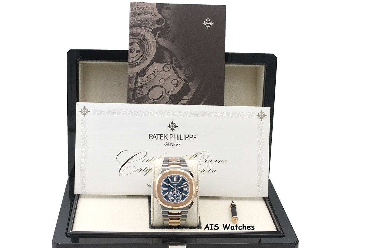Patek Philippe Nautilus 5980/1AR Chronograph 18K Rose Gold / Stainless Steel Blue Dial Box & Papers
