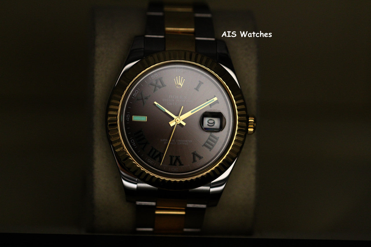 Rolex 116333 DateJust II 18K YG/SS Slate Roman Wimbledon Dial Oyster Box & Papers