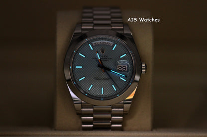Rolex 228206 Platinum DayDate 40MM DD40 Ice Blue Diagonal Motif Dial B&P