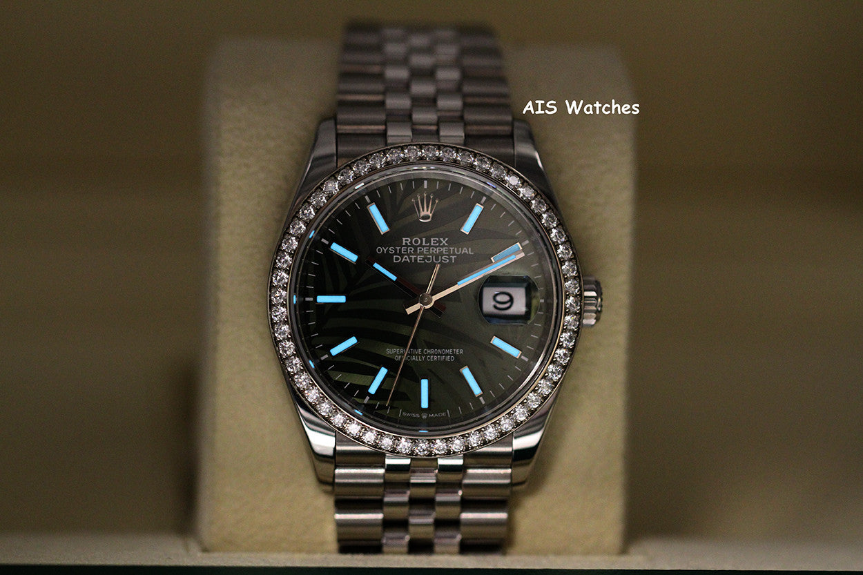 Rolex Datejust 36MM 126284RBR Diamond Bezel Jubilee Palm Green Dial B&P