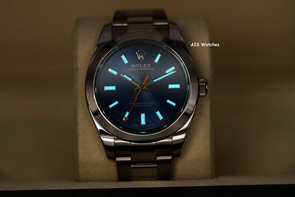 Rolex Milgauss Z-BLUE 116400GV Green Crystal Blue Dial 2021 Box & Papers