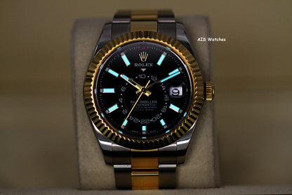 Rolex 326933 Sky-Dweller 18K Yellow Gold / SS Oyster Black Dial BP