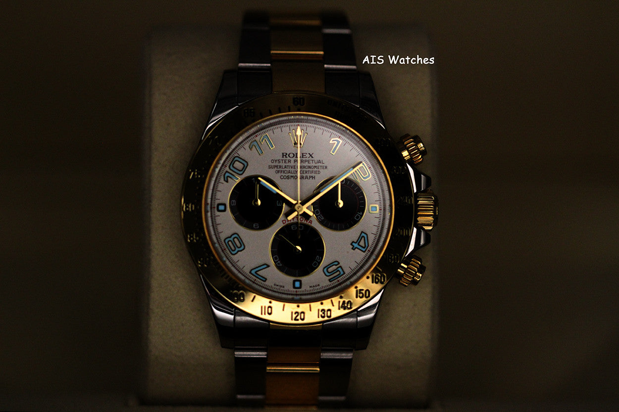 Rolex Daytona 116523 18K YG / SS Panda Arabic Racing Dial Box & Papers