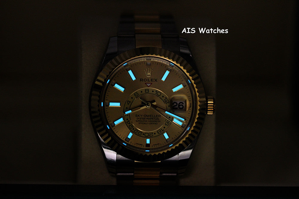 Rolex 326933 Sky-Dweller 18K Yellow Gold / SS Oyster Champagne Dial B&P