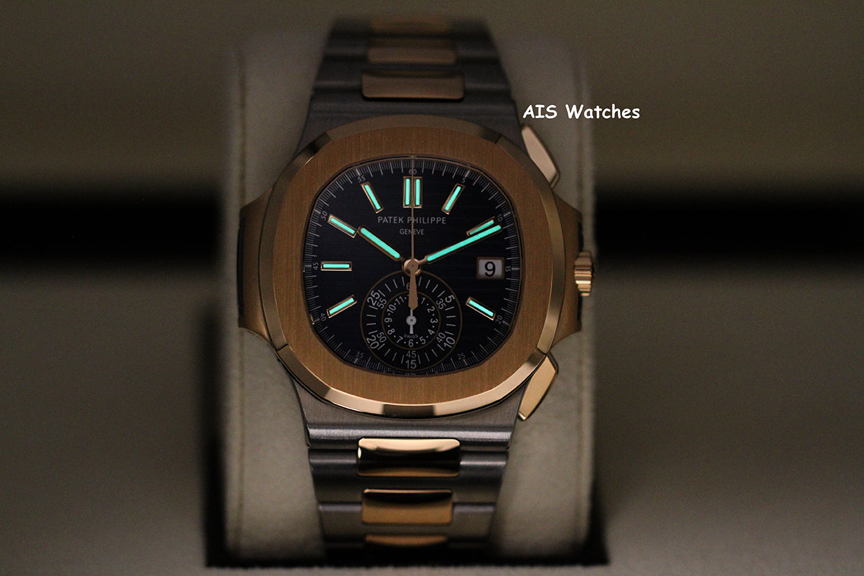 Patek Philippe Nautilus 5980/1AR Chronograph 18K Rose Gold / Stainless Steel Blue Dial Box & Papers