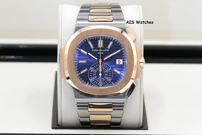 Patek Philippe Nautilus 5980/1AR Chronograph 18K Rose Gold / Stainless Steel Blue Dial 2017 Box & Papers
