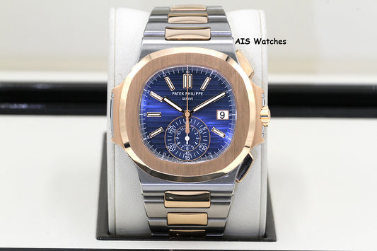 Patek Philippe Nautilus 5980/1AR Chronograph 18K Rose Gold / Stainless Steel Blue Dial 2017 Box & Papers