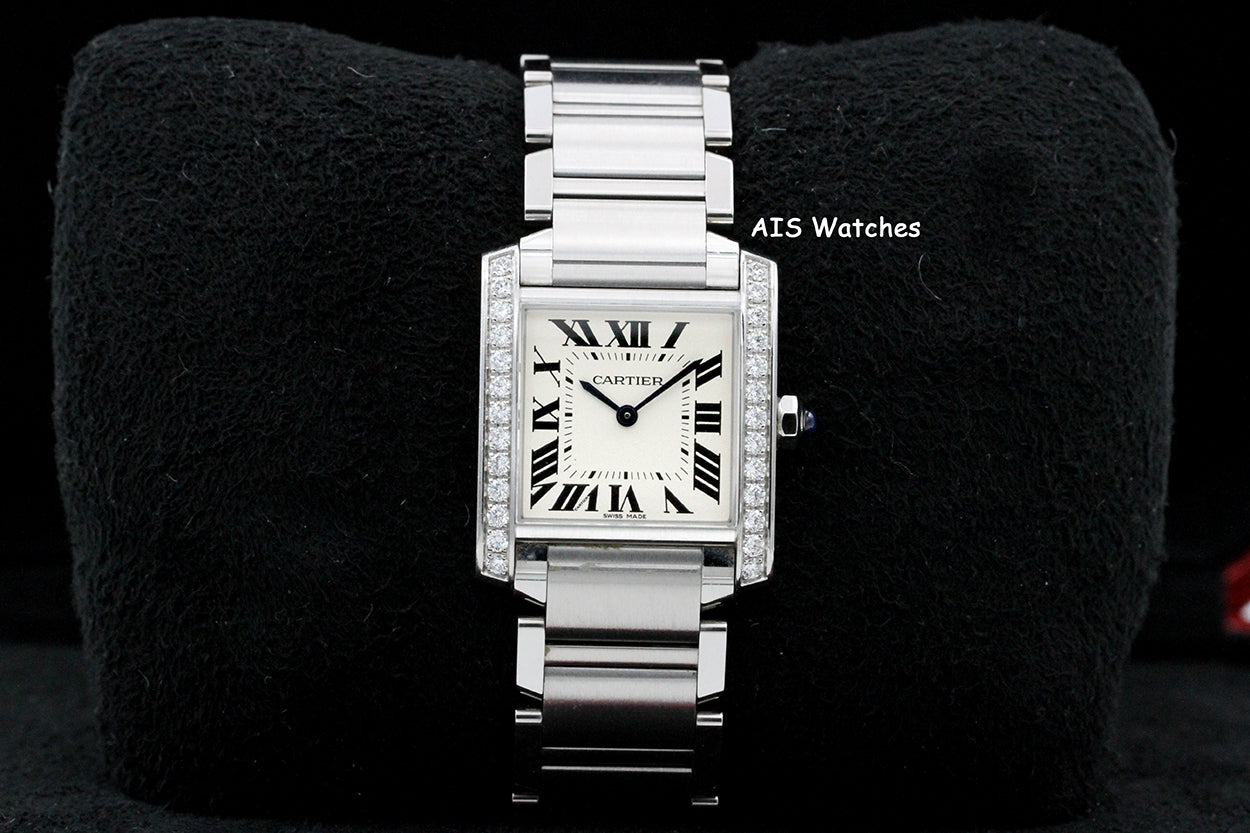 Cartier Tank Francaise W4TA0009 Medium Diamond Bezel Quartz Silver Dial B&P