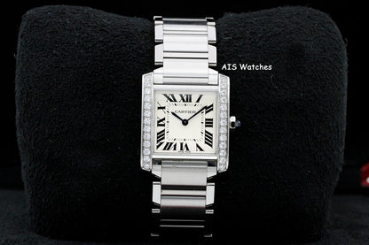 Cartier Tank Francaise W4TA0009 Medium Diamond Bezel Quartz Silver Dial B&P
