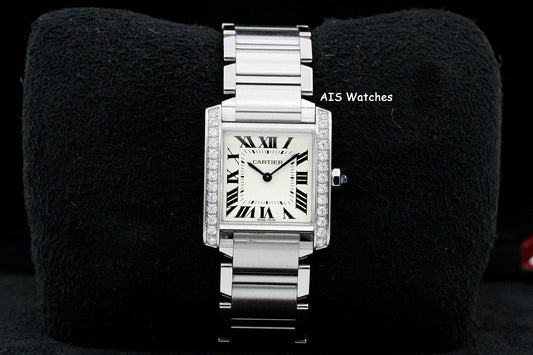 Cartier Tank Francaise W4TA0009 Medium Diamond Bezel Quartz Silver Dial B&P