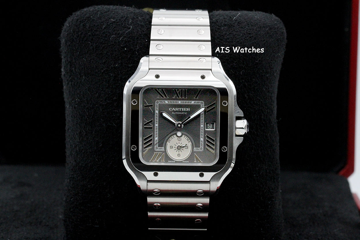 Cartier Santos De Cartier Large Steel WSSA0076 Dual Time GMT Grey Dial Box & Papers