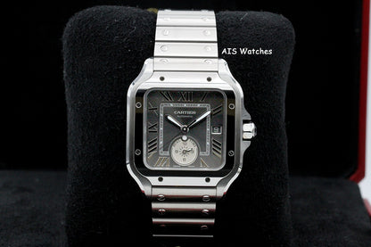 Cartier Santos De Cartier Large Steel WSSA0076 Dual Time GMT Grey Dial Box & Papers