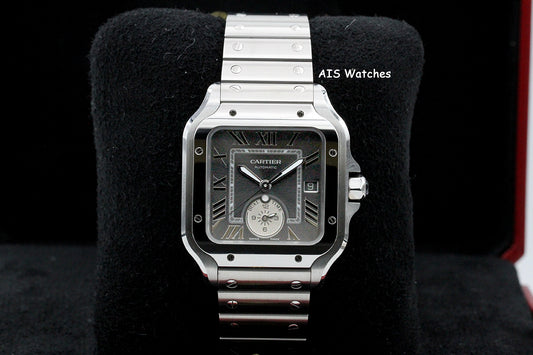 Cartier Santos De Cartier Large Steel WSSA0076 Dual Time GMT Grey Dial Box & Papers