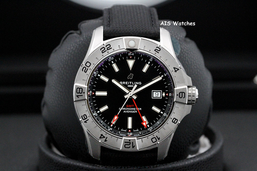 BNIB Breitling Avenger Automatic GMT A32320101B1X1 Black Dial Strap SS 44MM B&P