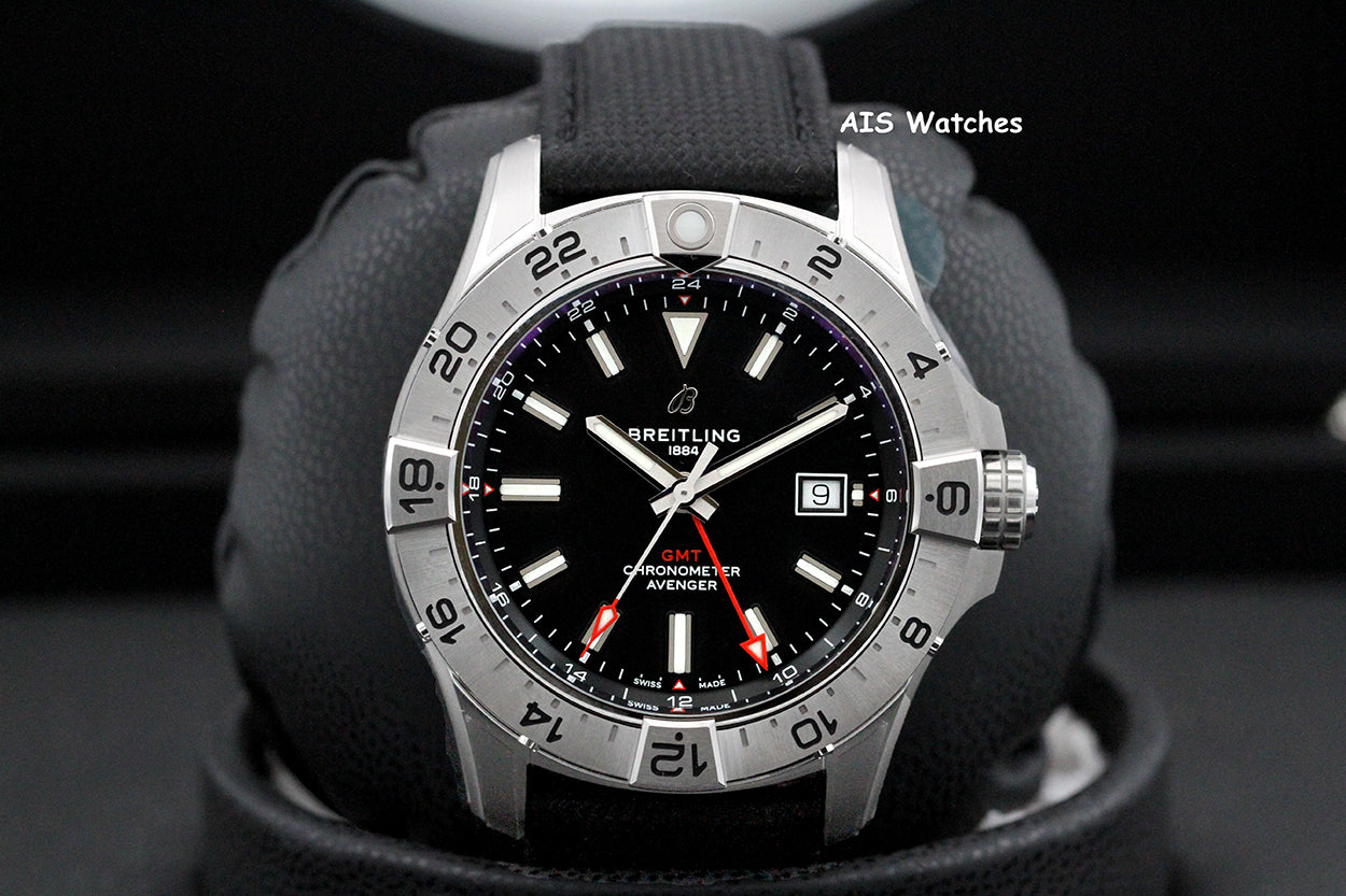 BNIB Breitling Avenger Automatic GMT A32320101B1X1 Black Dial Strap SS 44MM B&P