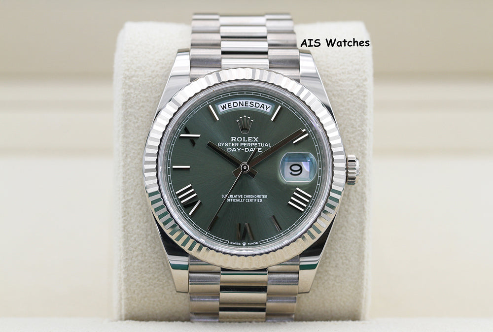 Rolex 228239 DayDate 40MM DD40 18K White Gold Olive Green Roman Dial B&P