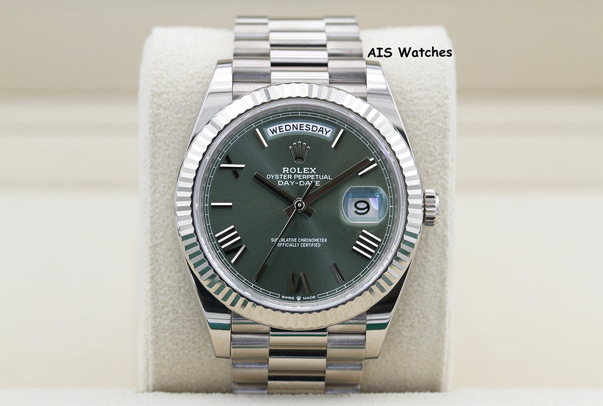 Rolex 228239 DayDate 40MM DD40 18K White Gold Olive Green Roman Dial B&P