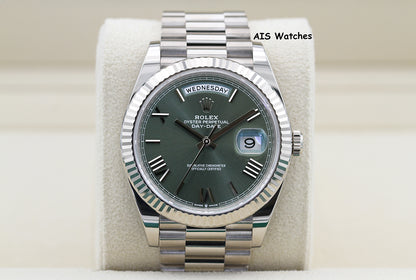 Rolex 228239 DayDate 40MM DD40 18K White Gold Olive Green Roman Dial B&P