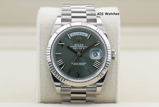 Rolex 228239 DayDate 40MM DD40 18K White Gold Olive Green Roman Dial B&P