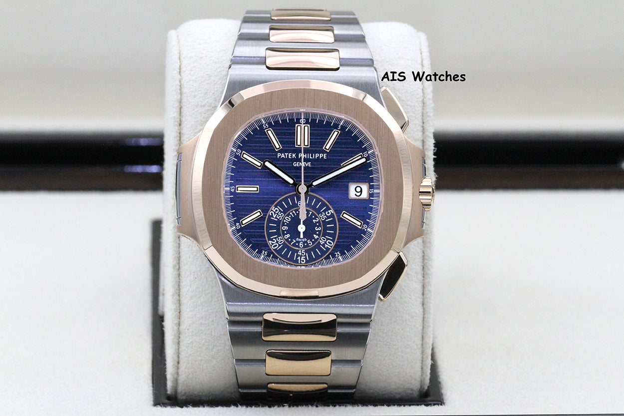 Patek Philippe Nautilus 5980/1AR Chronograph 18K Rose Gold / Stainless Steel Blue Dial Box & Papers