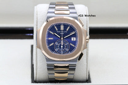 Patek Philippe Nautilus 5980/1AR Chronograph 18K Rose Gold / Stainless Steel Blue Dial Box & Papers