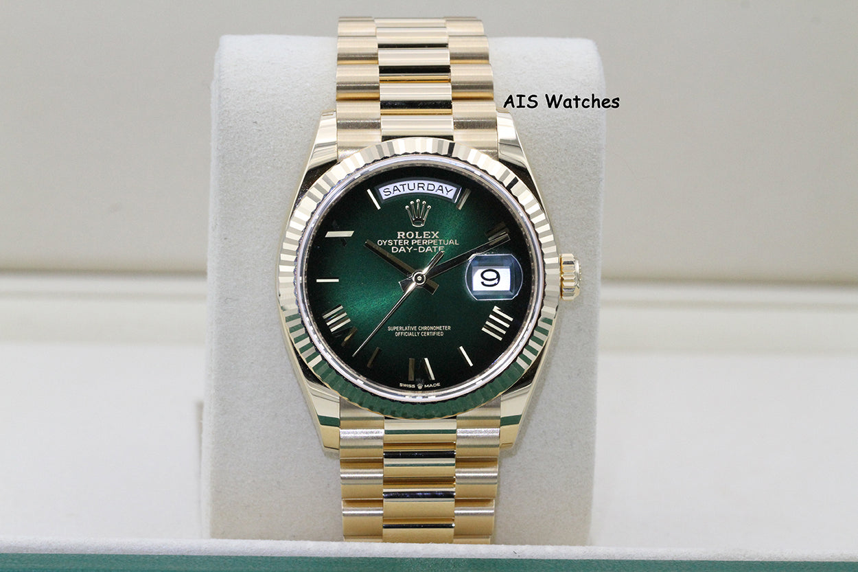 BNIB Rolex 128238 DayDate 36MM DD36 Yellow Gold Green Ombre Roman Dial B&P