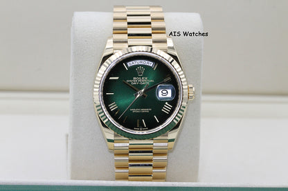 BNIB Rolex 128238 DayDate 36MM DD36 Yellow Gold Green Ombre Roman Dial B&P