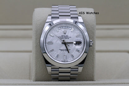 BNIB Rolex 228206 DayDate 40MM DD40 Platinum Meteorite Diamond Baguette Dial