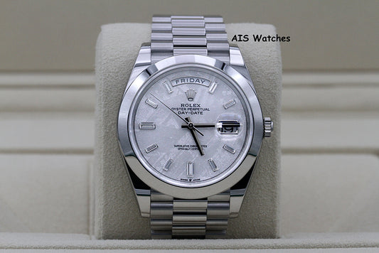 BNIB Rolex 228206 DayDate 40MM DD40 Platinum Meteorite Diamond Baguette Dial