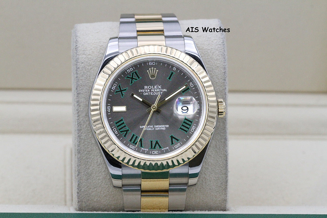 Rolex 116333 DateJust II 18K YG/SS Slate Roman Wimbledon Dial Oyster Box & Papers