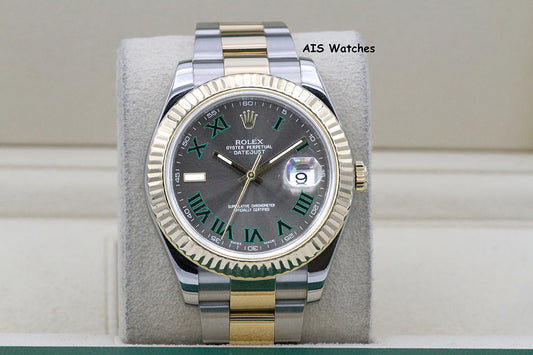 Rolex 116333 DateJust II 18K YG/SS Slate Roman Wimbledon Dial Oyster Box & Papers