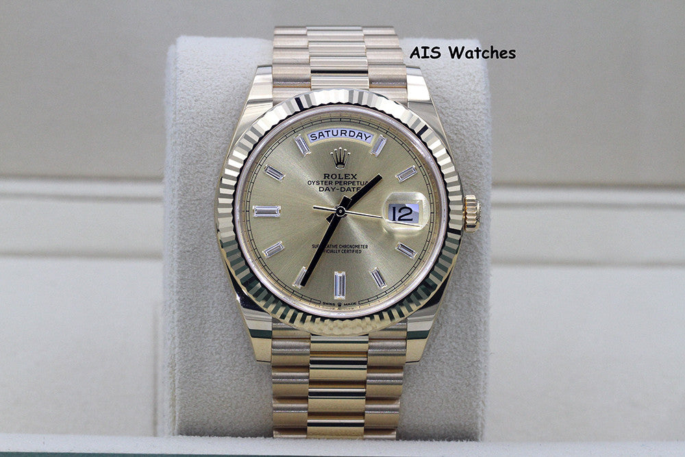 BNIB Rolex 228238 DayDate 40MM DD40 Yellow Gold Champagne Baguette Diamond Dial