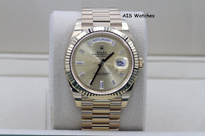 BNIB Rolex 228238 DayDate 40MM DD40 Yellow Gold Champagne Baguette Diamond Dial