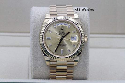 BNIB Rolex 228238 DayDate 40MM DD40 Yellow Gold Champagne Baguette Diamond Dial