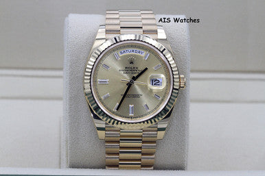 BNIB Rolex 228238 DayDate 40MM DD40 Yellow Gold Champagne Baguette Diamond Dial
