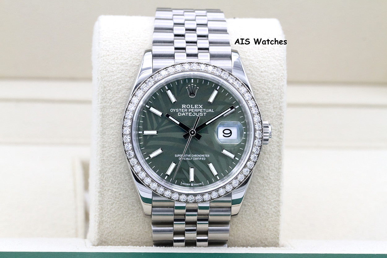 Rolex Datejust 36MM 126284RBR Diamond Bezel Jubilee Palm Green Dial B&P