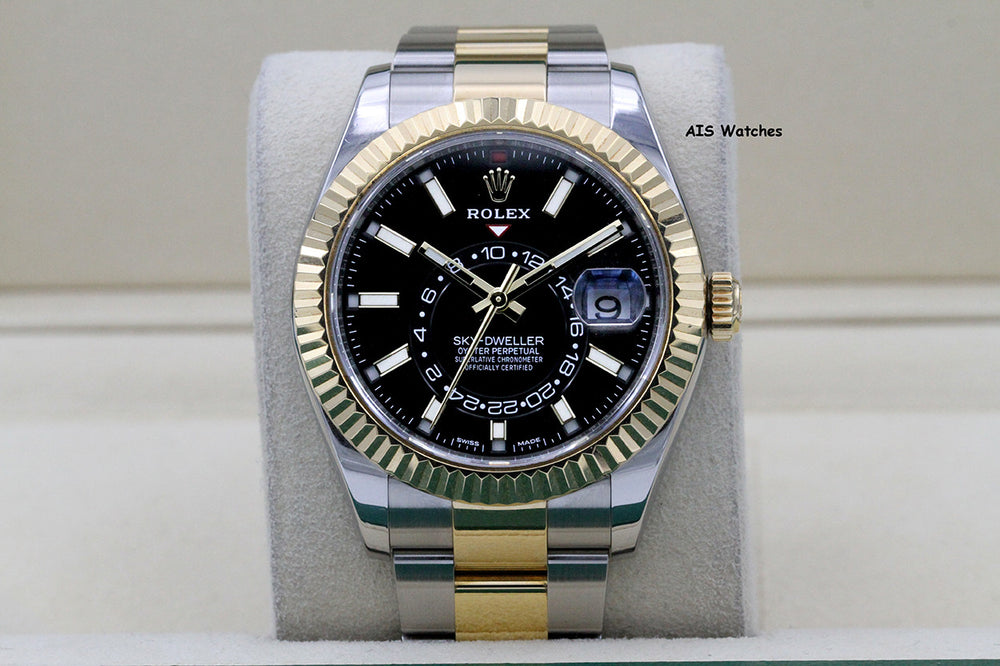 Rolex 326933 Sky-Dweller 18K Yellow Gold / SS Oyster Black Dial BP