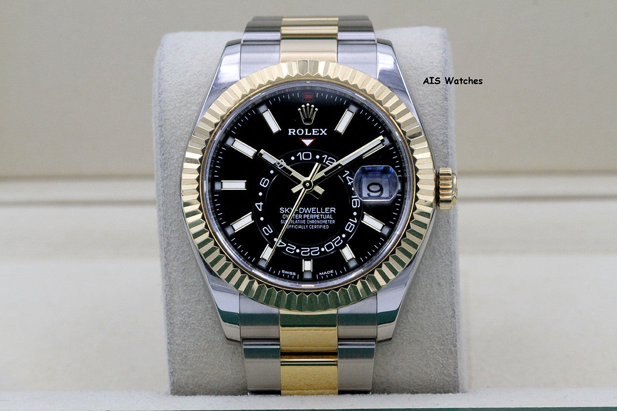 Rolex 326933 Sky-Dweller 18K Yellow Gold / SS Oyster Black Dial BP