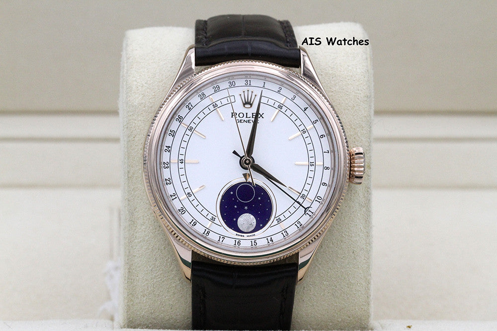 Rolex 50535 Cellini Moonphase 18K Everose Gold 39MM White Lacquer Dial BP