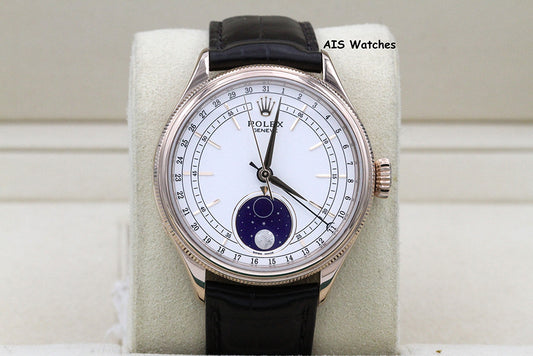 Rolex 50535 Cellini Moonphase 18K Everose Gold 39MM White Lacquer Dial BP