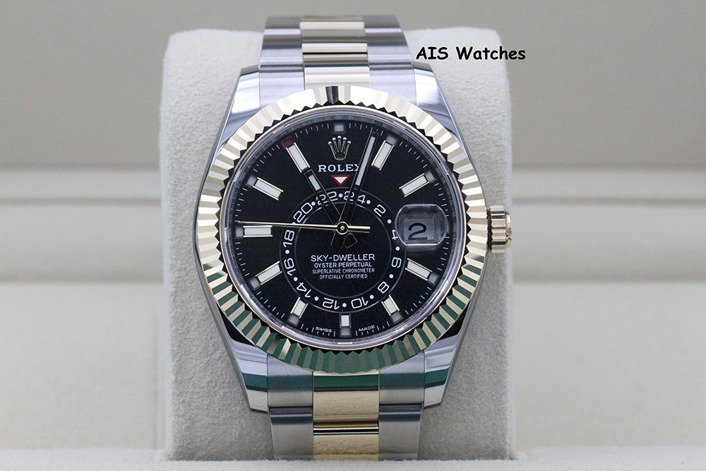 Rolex 326933 Sky-Dweller 18K Yellow Gold / Stainless Steel Black Dial B&P