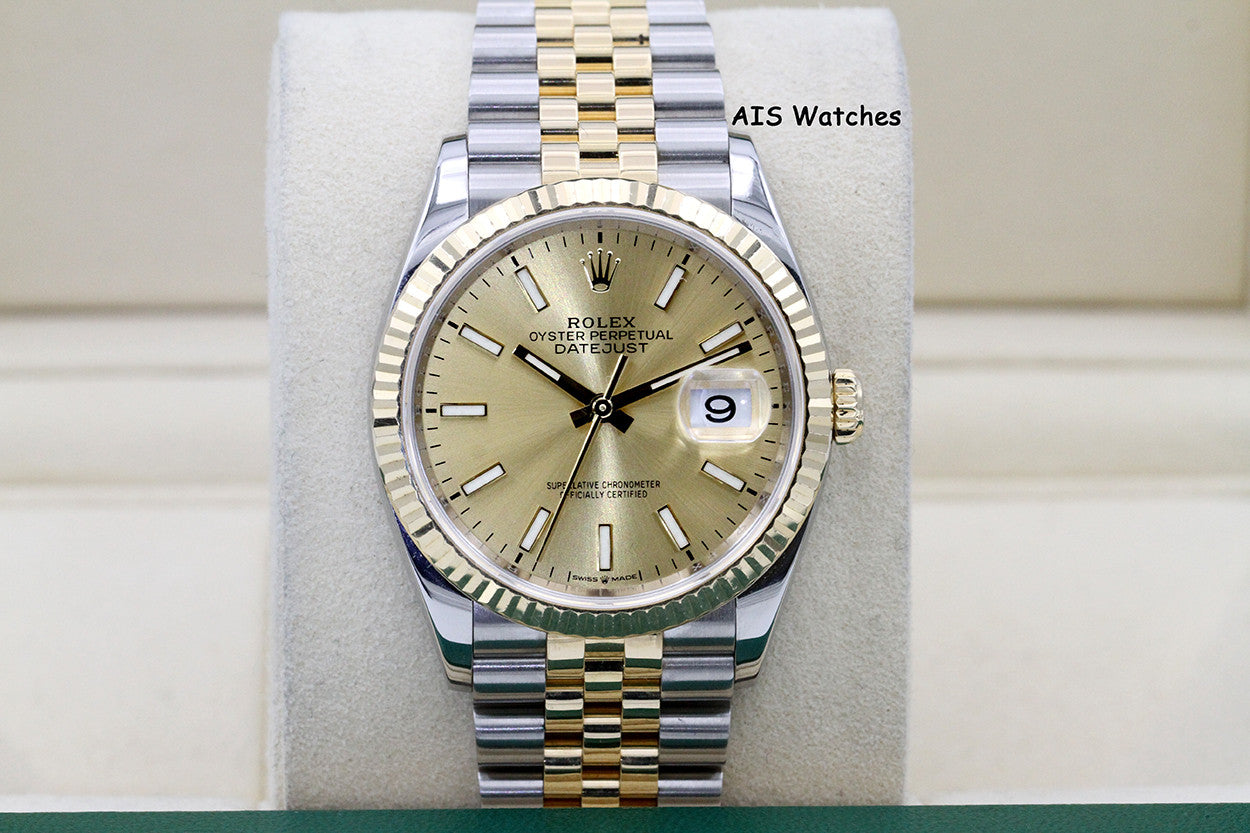 Rolex 126233 DateJust 36MM 18K YG/SS Champagne Stick Dial Jubilee Bracelet B&P