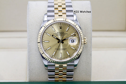 Rolex 126233 DateJust 36MM 18K YG/SS Champagne Stick Dial Jubilee Bracelet B&P