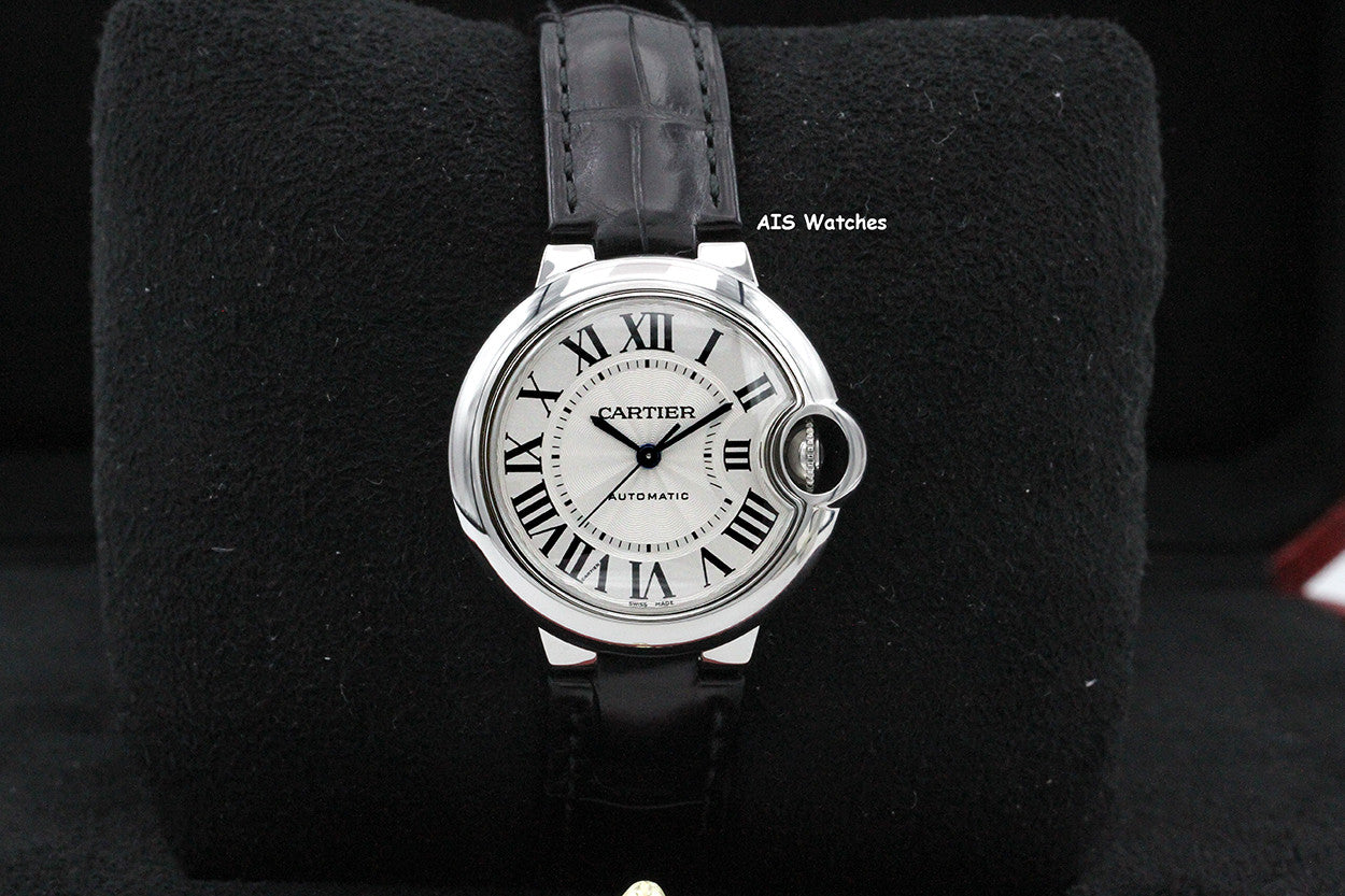 Cartier Ballon Bleu W6920085 SS 33MM Leather Strap Silver Dial Box & Papers
