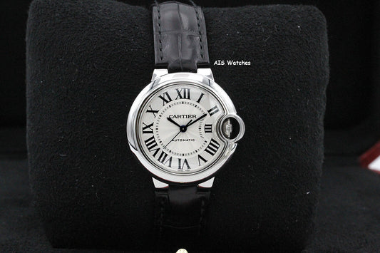Cartier Ballon Bleu W6920085 SS 33MM Leather Strap Silver Dial Box & Papers