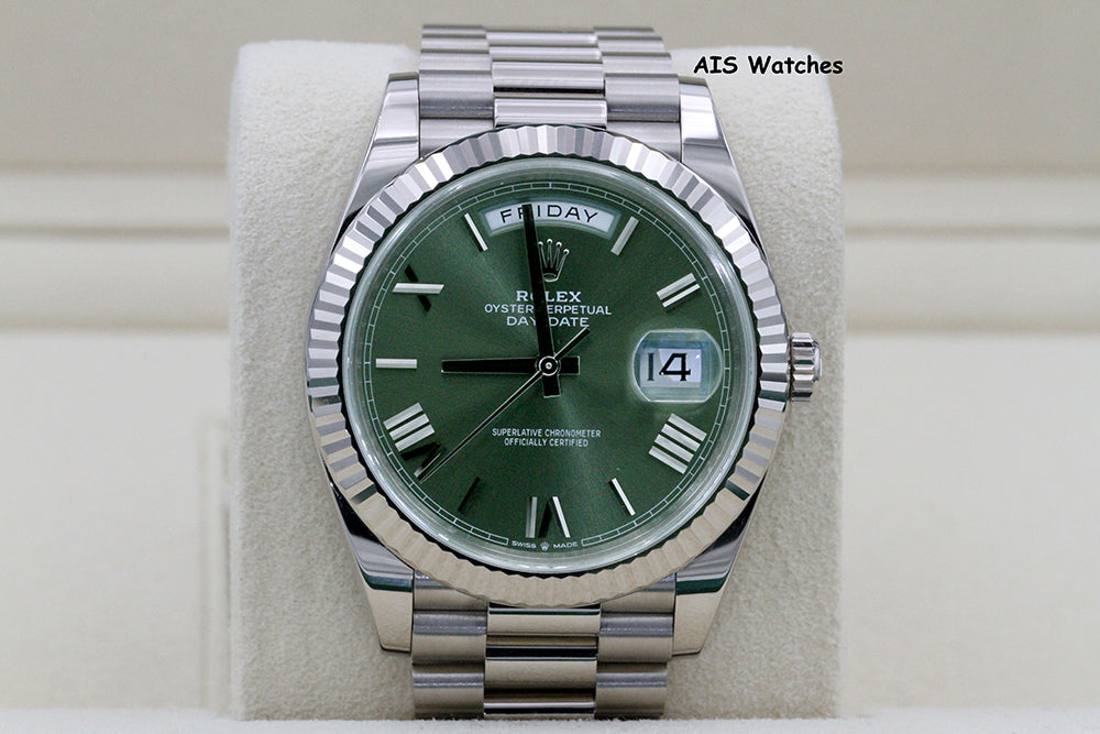 BNIB Rolex 228239 DayDate 40MM DD40 18K White Gold Olive Green Roman Dial B&P